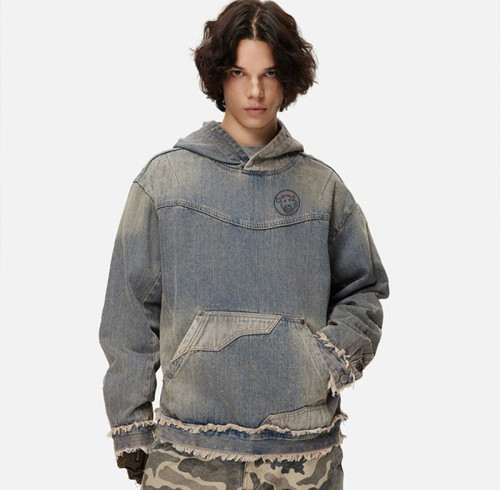 Custom Men’s Distressed Ripped Denim Hoodie – Rugged Streetwear Essential