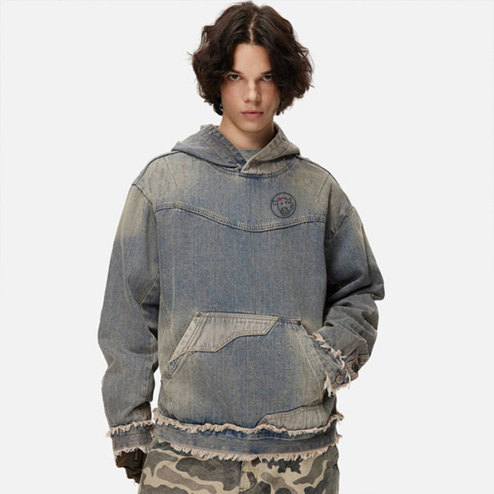 Custom Men’s Distressed Ripped Denim Hoodie – Rugged Streetwear Essential