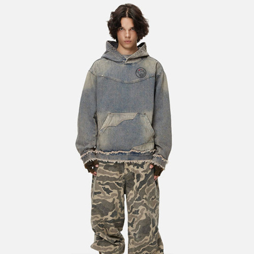 Custom Men’s Distressed Ripped Denim Hoodie – Rugged Streetwear Essential