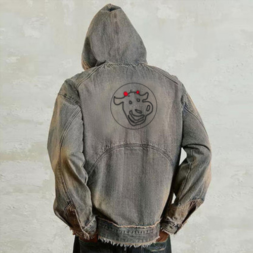 Custom Men’s Distressed Ripped Denim Hoodie – Rugged Streetwear Essential