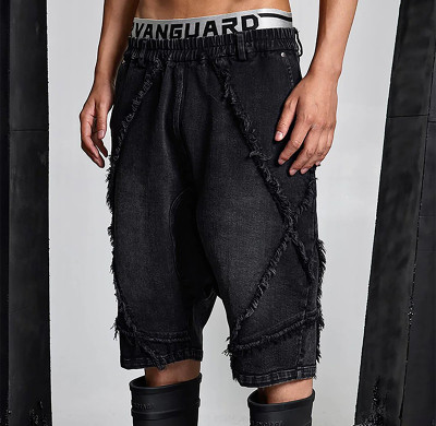 Custom Distressed Black Denim Shorts with Avant-Garde Edge