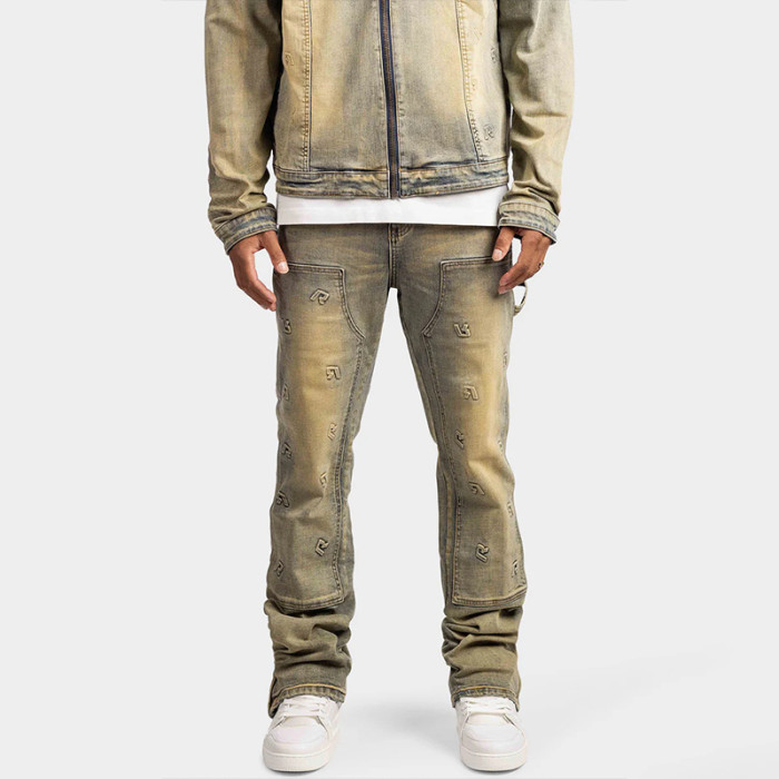 Vintage Patched Workwear Denim with 3D Logo Embossed Logo Jeans