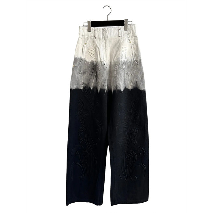 Dip-Dye Wide Leg Jeans with Embossed Floral Pattern