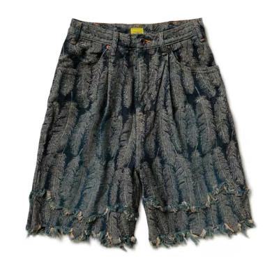 Custom Feather Textured Fringe Denim Shorts