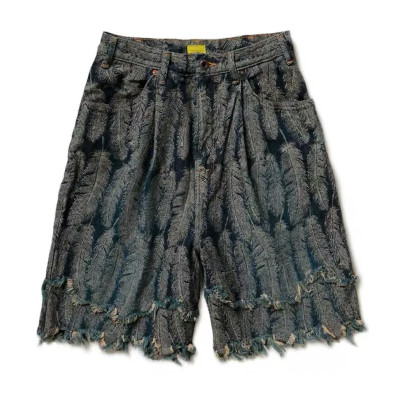 Custom Feather Textured Fringe Denim Shorts