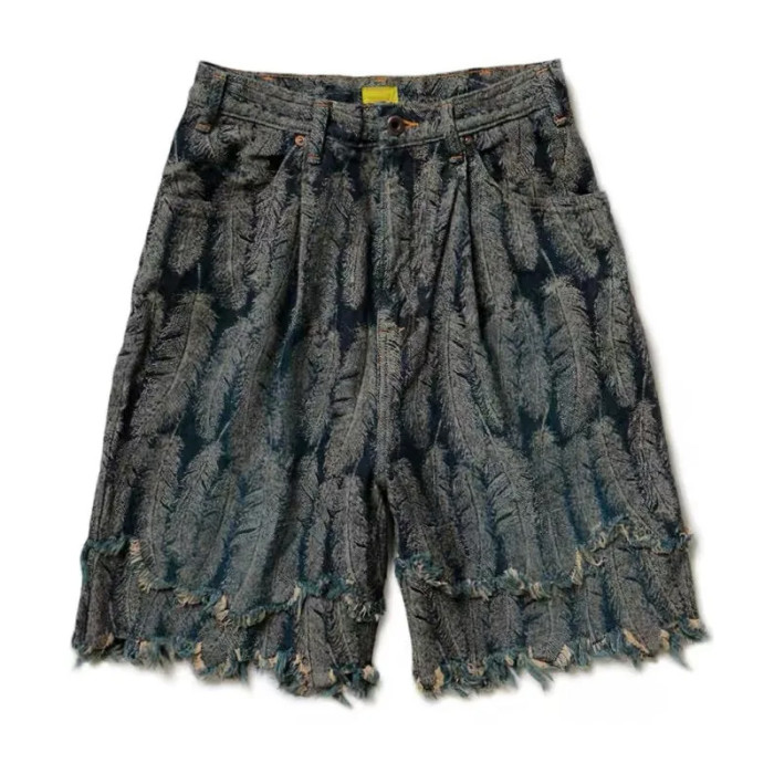 Custom Feather Textured Fringe Denim Shorts