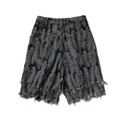 Custom Feather Textured Fringe Denim Shorts