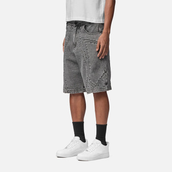 3D Panel Washed Gray Denim Cargo Shorts