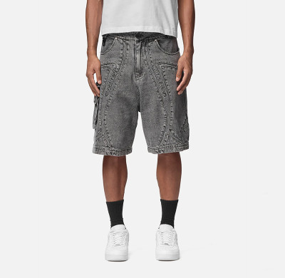 3D Panel Washed Gray Denim Cargo Shorts