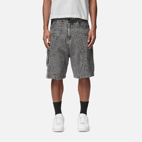 3D Panel Washed Gray Denim Cargo Shorts