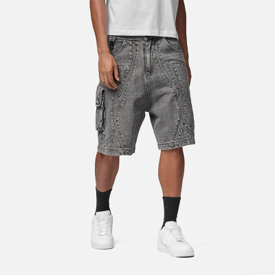 3D Panel Washed Gray Denim Cargo Shorts