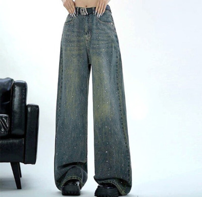Women’s Rhinestone Baggy Jeans – Y2K Glam Grunge Denim