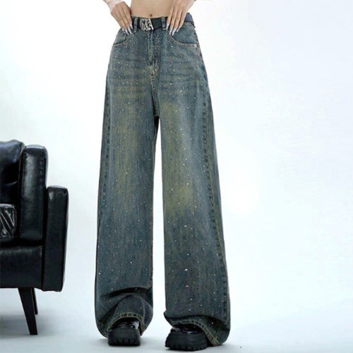Women’s Rhinestone Baggy Jeans – Y2K Glam Grunge Denim