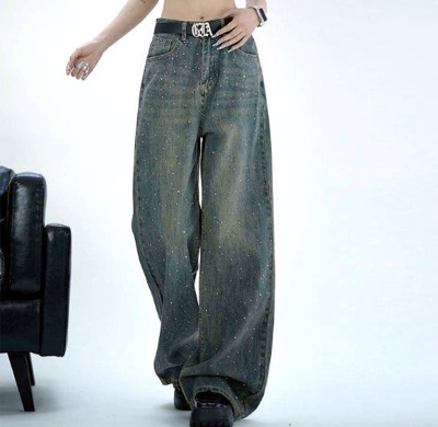 Women’s Rhinestone Baggy Jeans – Y2K Glam Grunge Denim