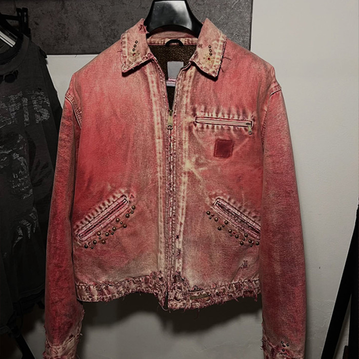 Washed Red Distressed Denim Jacket – Retro Punk Streetwear