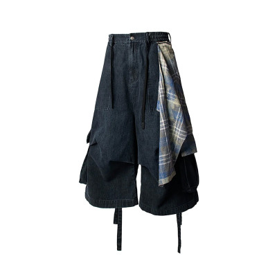 Custom Deconstructed Denim Shorts with Plaid Accent