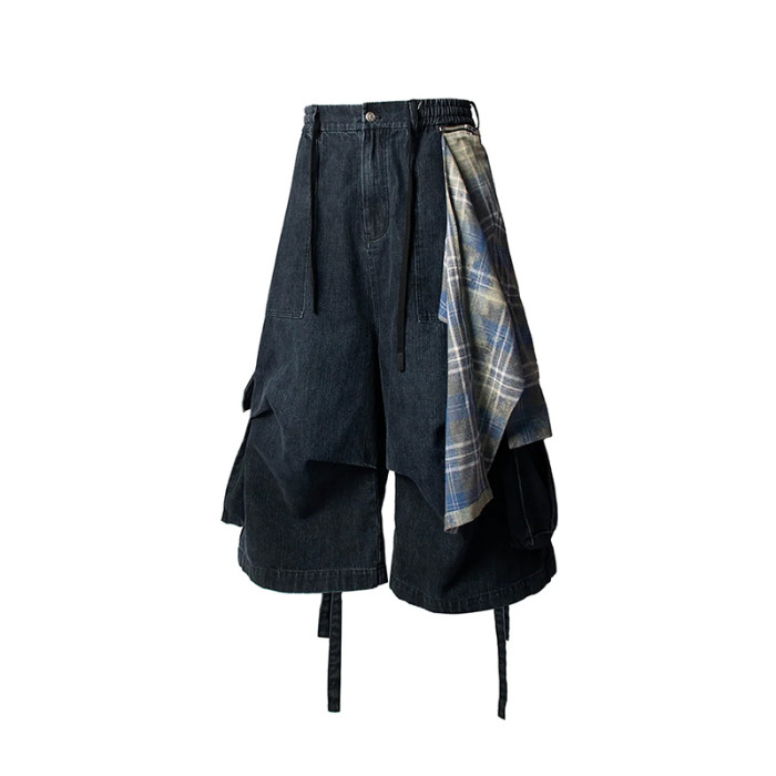 Custom Deconstructed Denim Shorts with Plaid Accent