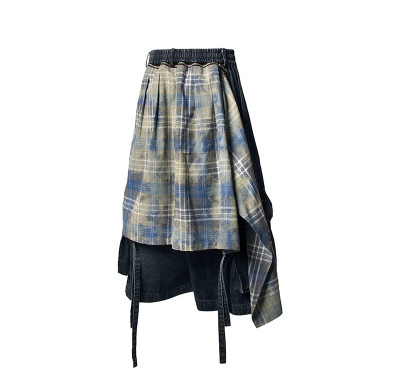 Custom Deconstructed Denim Shorts with Plaid Accent