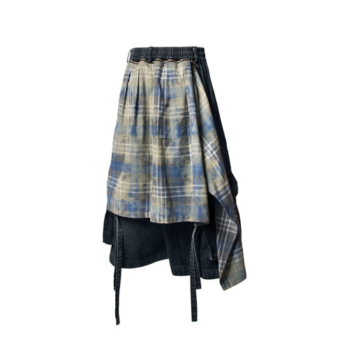 Custom Deconstructed Denim Shorts with Plaid Accent