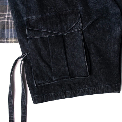 Custom Deconstructed Denim Shorts with Plaid Accent