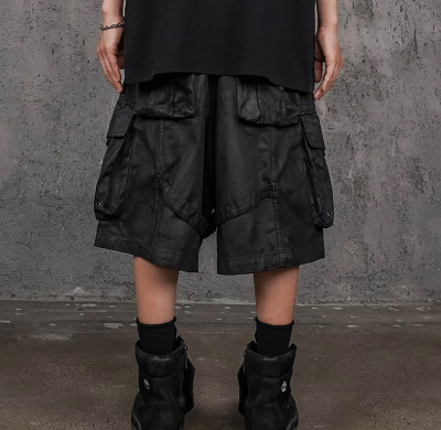 Techwear Black Cargo Shorts – Gothic Strap & Rivet Design