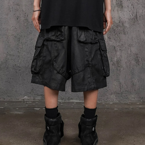 Techwear Black Cargo Shorts – Gothic Strap & Rivet Design