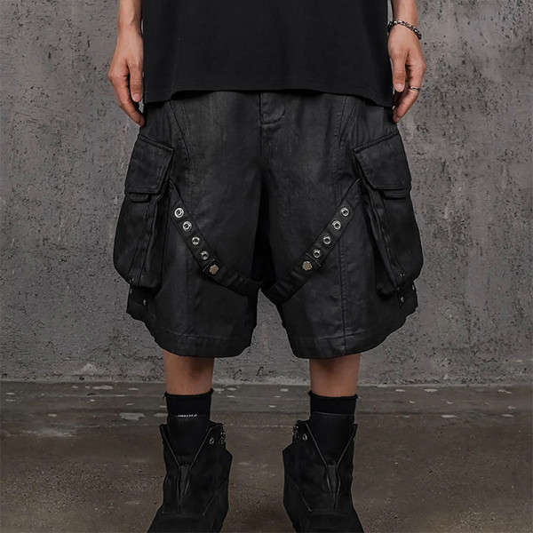 Techwear Black Cargo Shorts – Gothic Strap & Rivet Design
