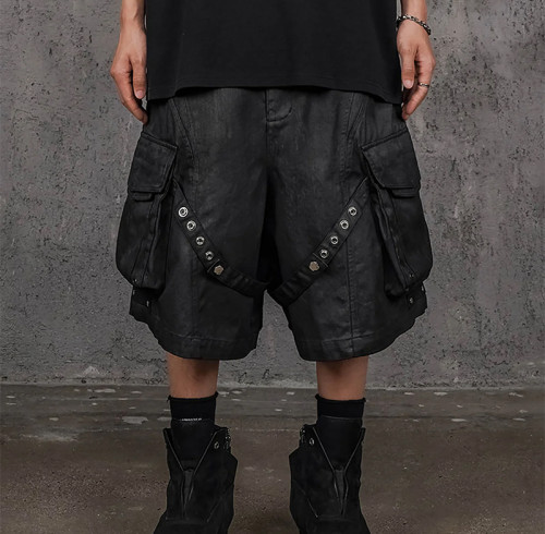 Techwear Black Cargo Shorts – Gothic Strap & Rivet Design