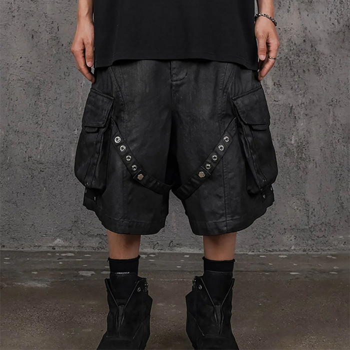 Techwear Black Cargo Shorts – Gothic Strap & Rivet Design