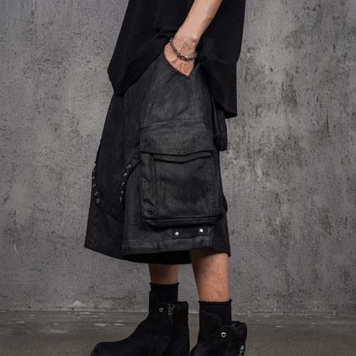 Techwear Black Cargo Shorts – Gothic Strap & Rivet Design