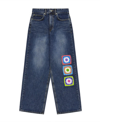 Vintage Patchwork Denim Jeans – Colorful Crochet Detail