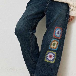 Vintage Patchwork Denim Jeans – Colorful Crochet Detail