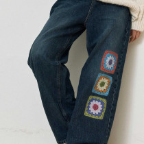 Vintage Patchwork Denim Jeans – Colorful Crochet Detail