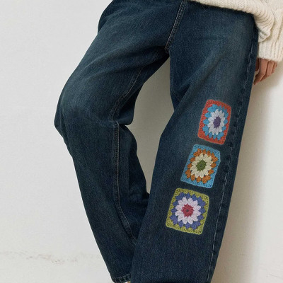 Vintage Patchwork Denim Jeans – Colorful Crochet Detail