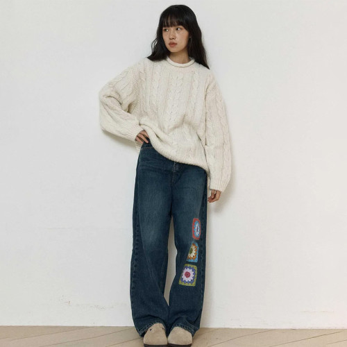 Vintage Patchwork Denim Jeans – Colorful Crochet Detail