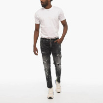 Men's Distressed Black Jeans – Paint-Splatter Slim Fit