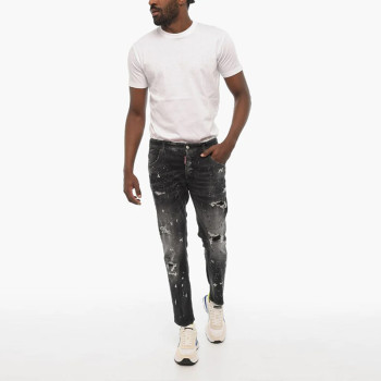 Men's Distressed Black Jeans – Paint-Splatter Slim Fit