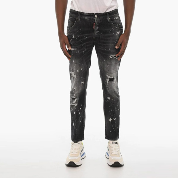 Men's Distressed Black Jeans – Paint-Splatter Slim Fit