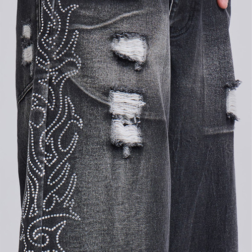 Men’s Black Wide-Leg Jeans – Ripped with Flame Embroidery