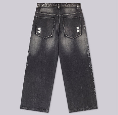 Men’s Black Wide-Leg Jeans – Ripped with Flame Embroidery