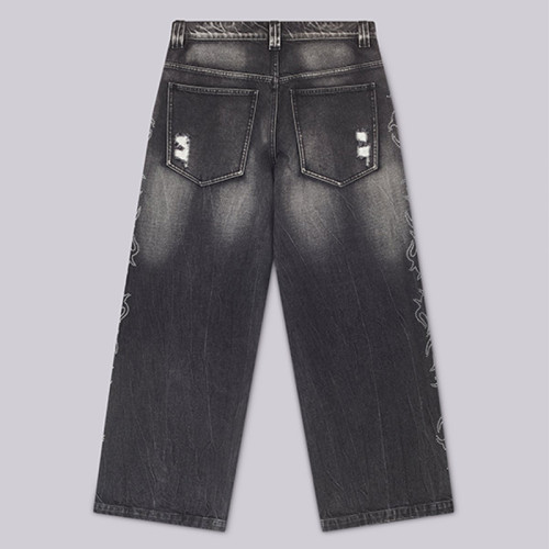 Men’s Black Wide-Leg Jeans – Ripped with Flame Embroidery