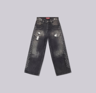 Men’s Black Wide-Leg Jeans – Ripped with Flame Embroidery