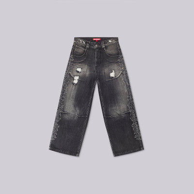 Men’s Black Wide-Leg Jeans – Ripped with Flame Embroidery