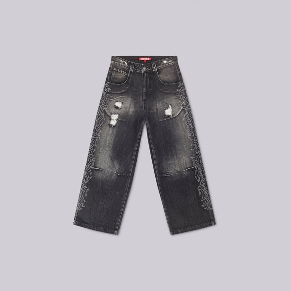 Men’s Black Wide-Leg Jeans – Ripped with Flame Embroidery
