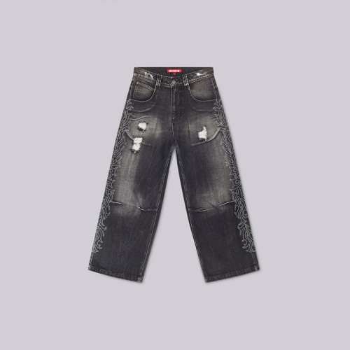Men’s Black Wide-Leg Jeans – Ripped with Flame Embroidery