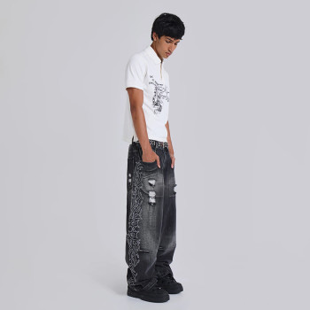 Men’s Black Wide-Leg Jeans – Ripped with Flame Embroidery