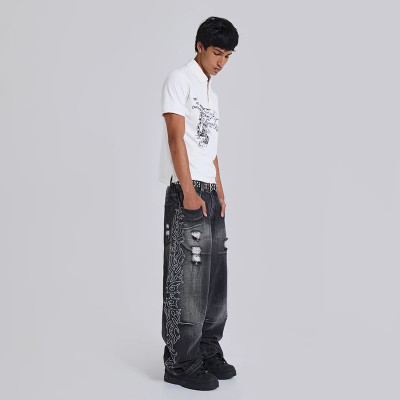 Men’s Black Wide-Leg Jeans – Ripped with Flame Embroidery