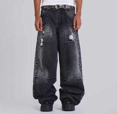 Men’s Black Wide-Leg Jeans – Ripped with Flame Embroidery
