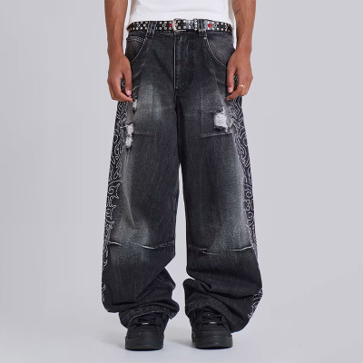 Men’s Black Wide-Leg Jeans – Ripped with Flame Embroidery