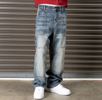 Men’s Vintage Blue Workwear Jeans – Relaxed Fit with Panel Stitching